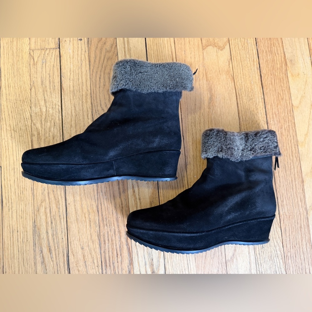 Stuart Weitzman Black Suede Wedge Boots with Fur Cuff